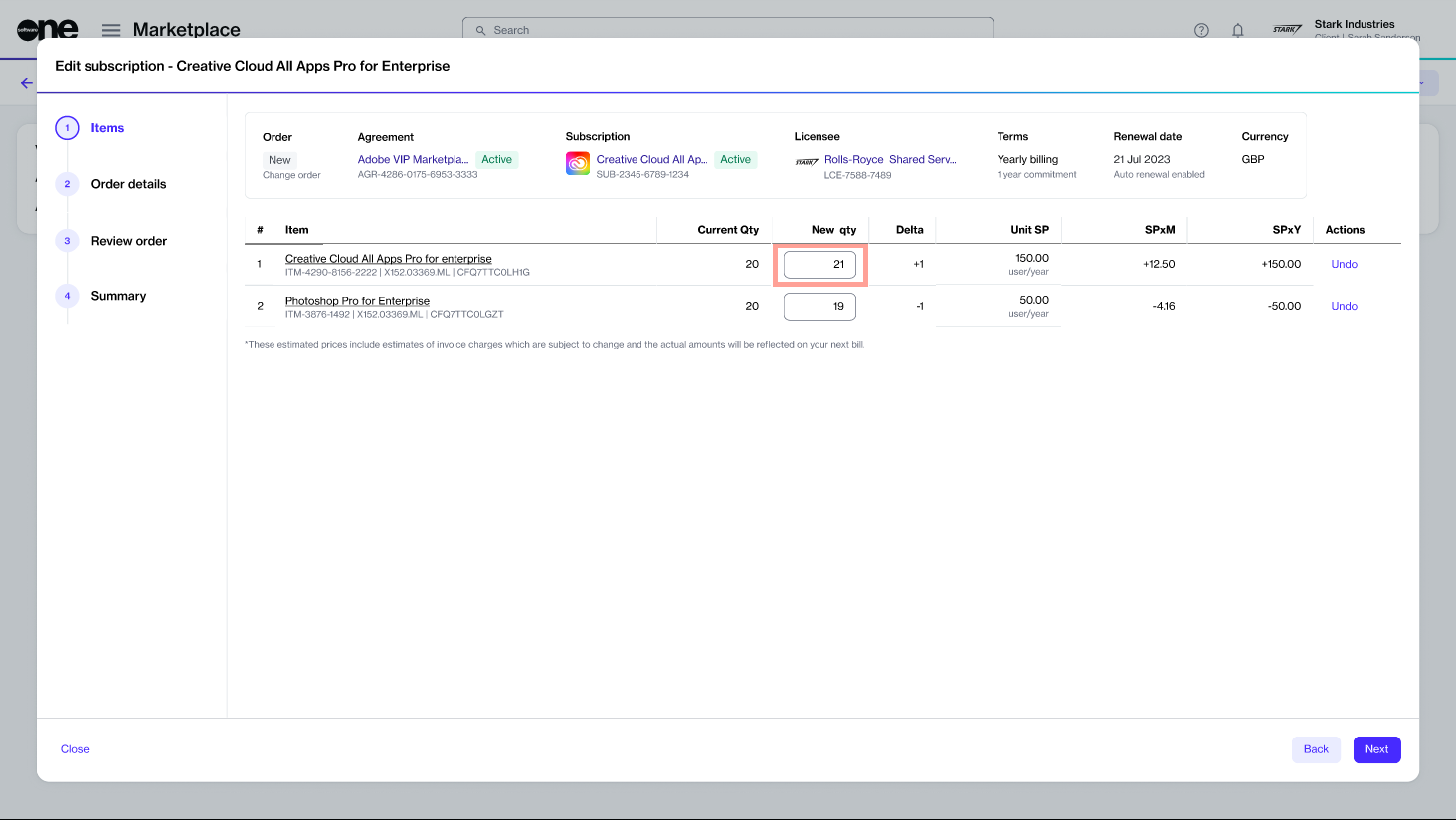 Edit subscription wizard showing the New qty field for license changes