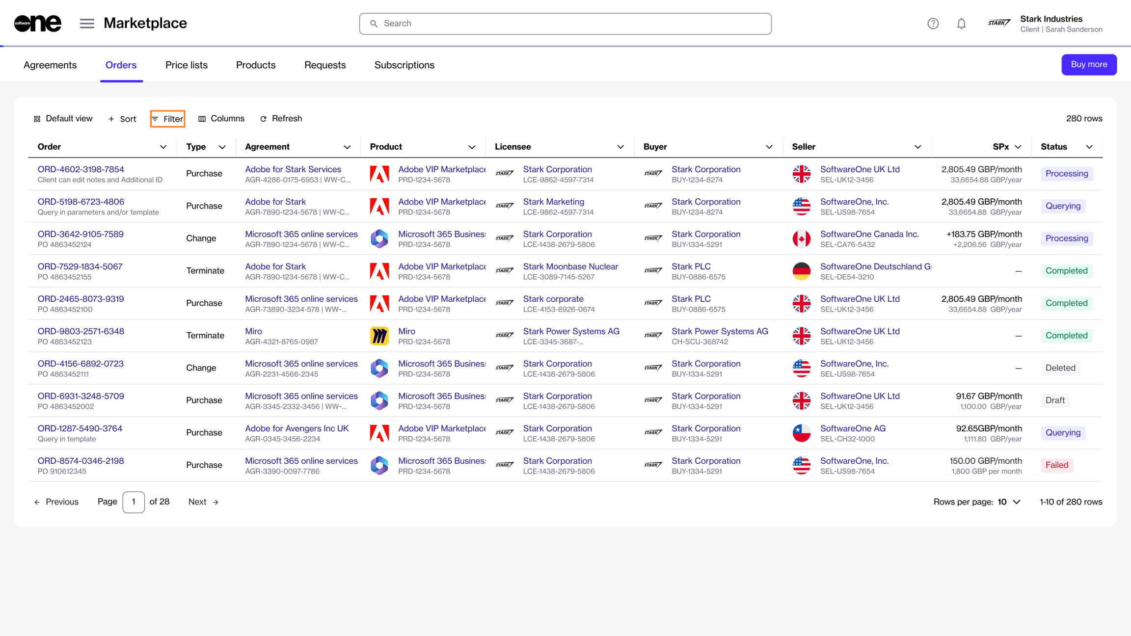 Orders page with the filter panel open