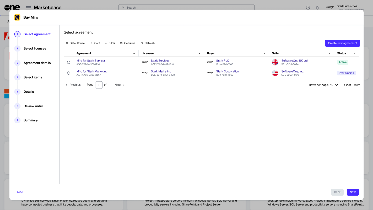 Purchase wizard showing the guided steps to place an order