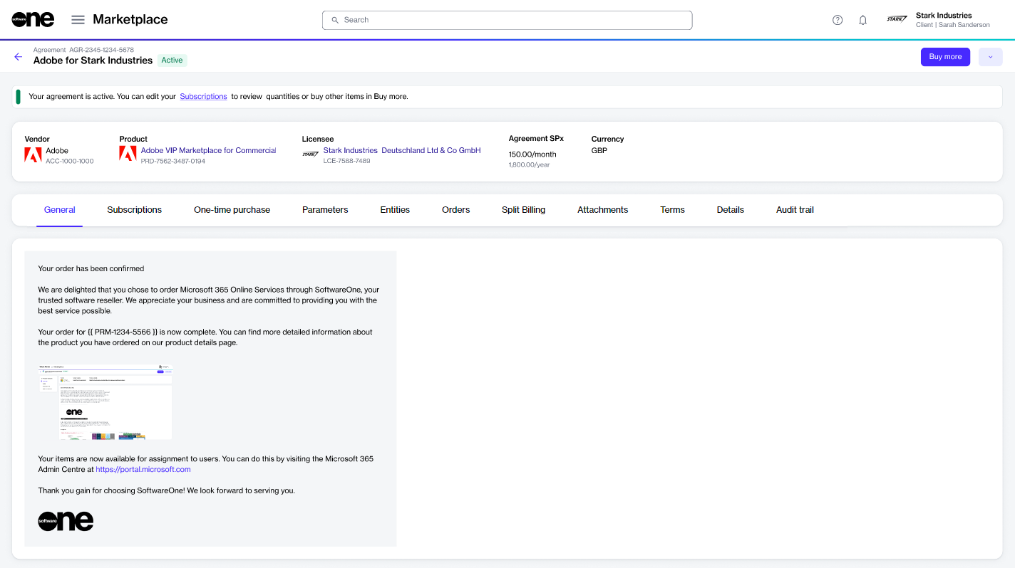 Agreement details page with the Buy more action